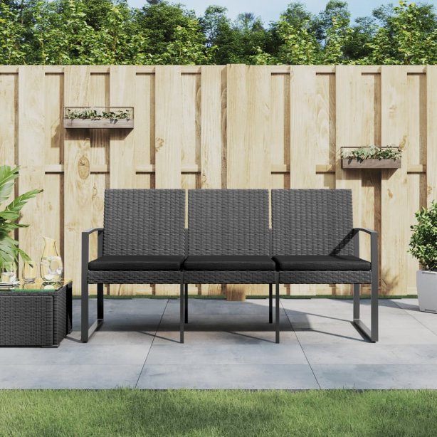 Gartenbank 3-Sitzer mit Kissen Schwarz PP-Rattan
