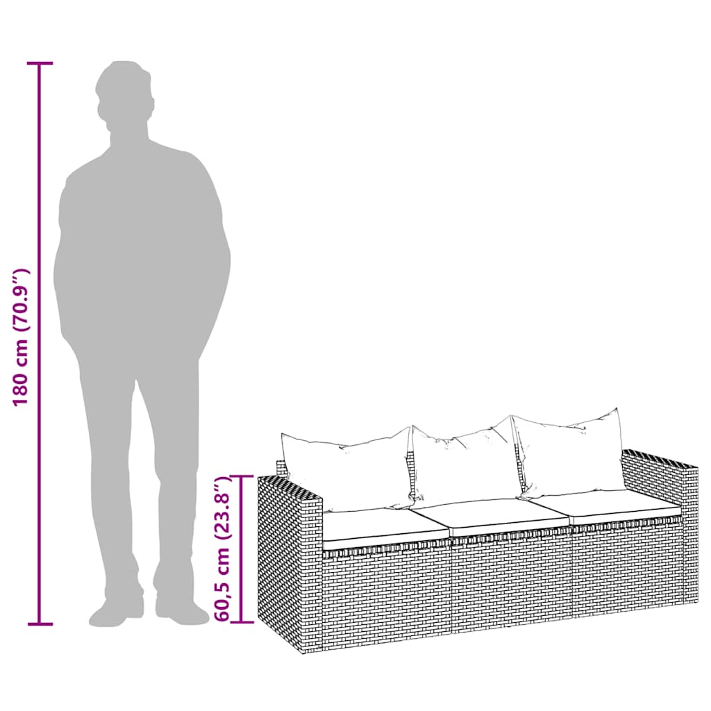 vidaXL Gartensofa 3-Sitzer mit Kissen Braun Poly Rattan