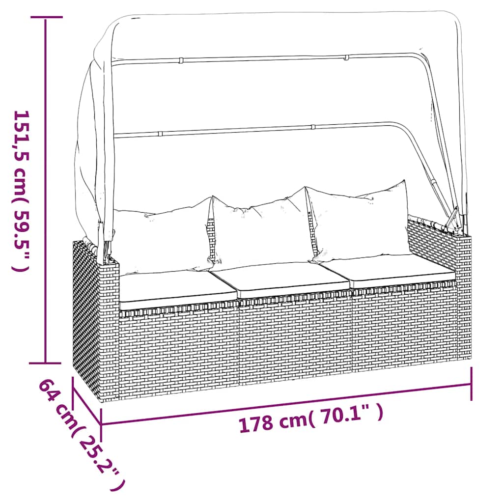 vidaXL 3-Sitzer-Gartensofa mit Dach und Fußhocker Schwarz Poly Rattan