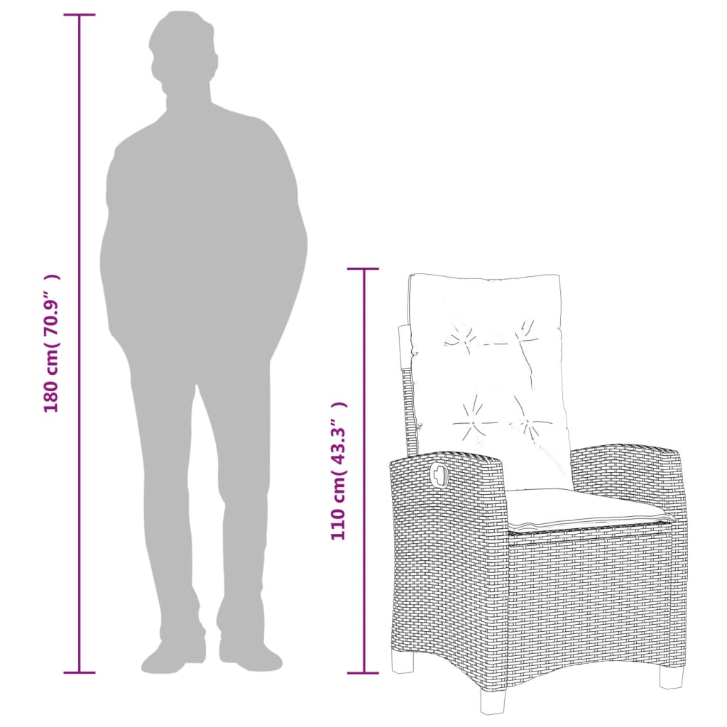 vidaXL Gartensessel Verstellbar mit Kissen Schwarz Poly Rattan