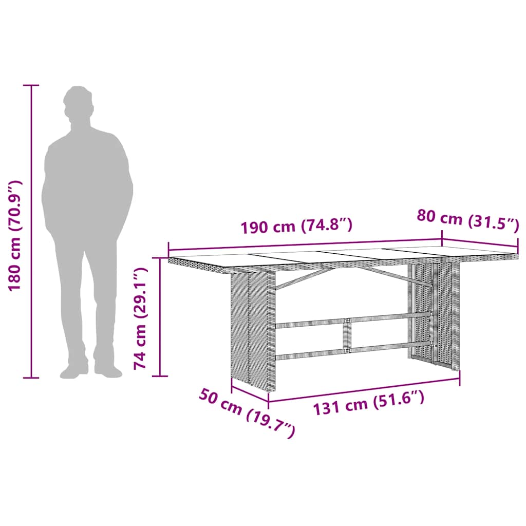 vidaXL Gartentisch mit Glasplatte Schwarz 190x80x74 cm Poly Rattan