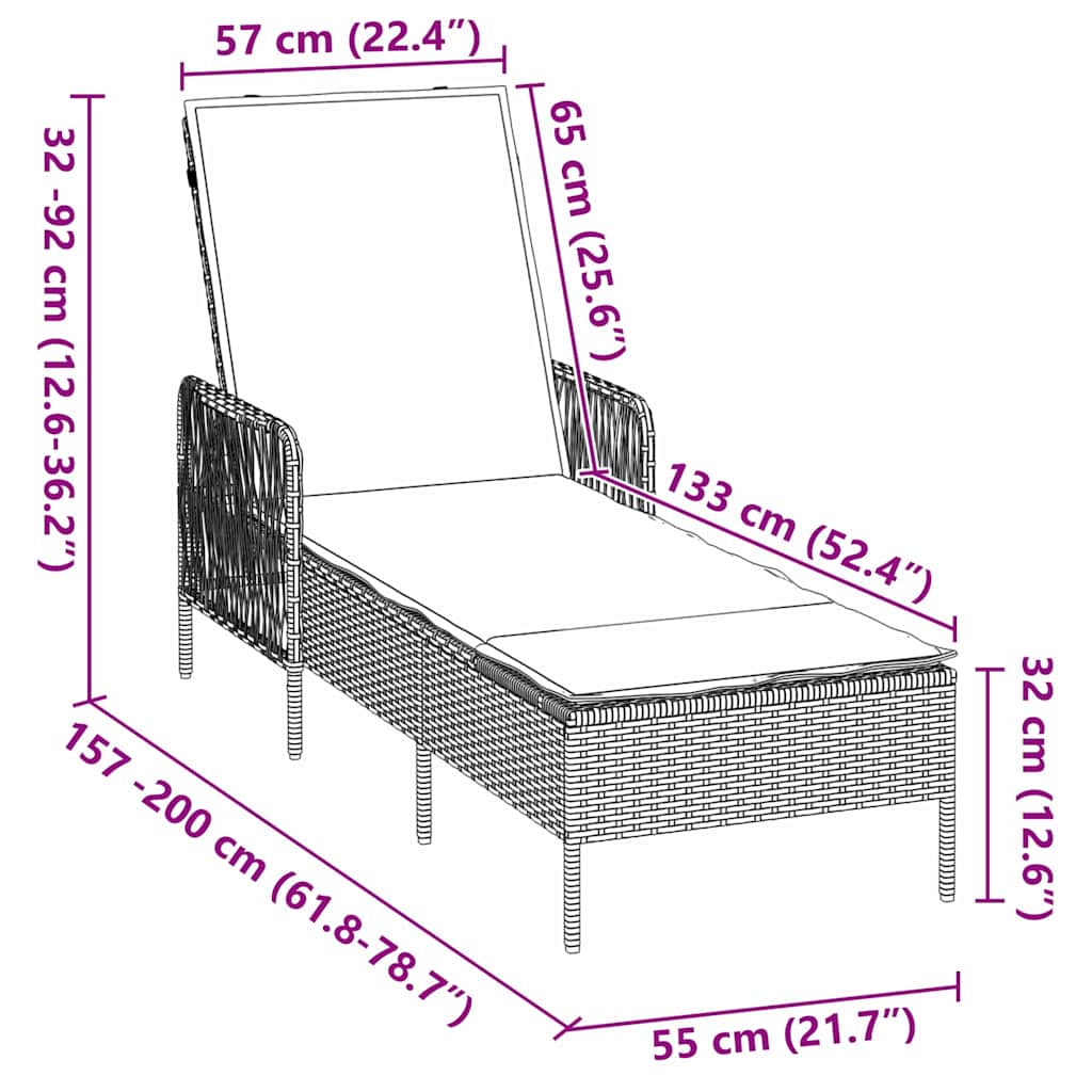 vidaXL Sonnenliege Schwarz und Cremeweiß 55 x 200 x 92 cm Poly-Rattan