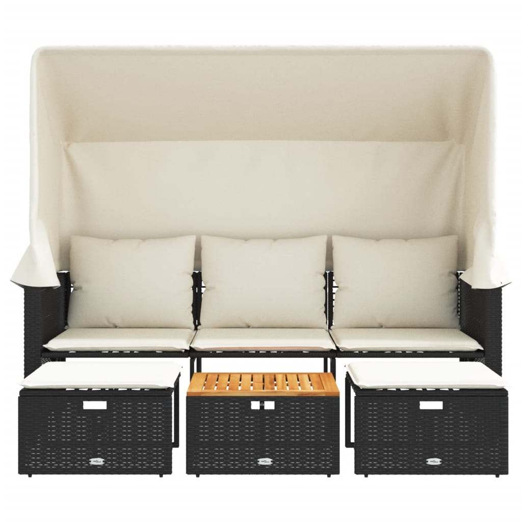 vidaXL Outdoor-Sofa 3-Sitzer mit Dach und Hockern Schwarz Poly-Rattan