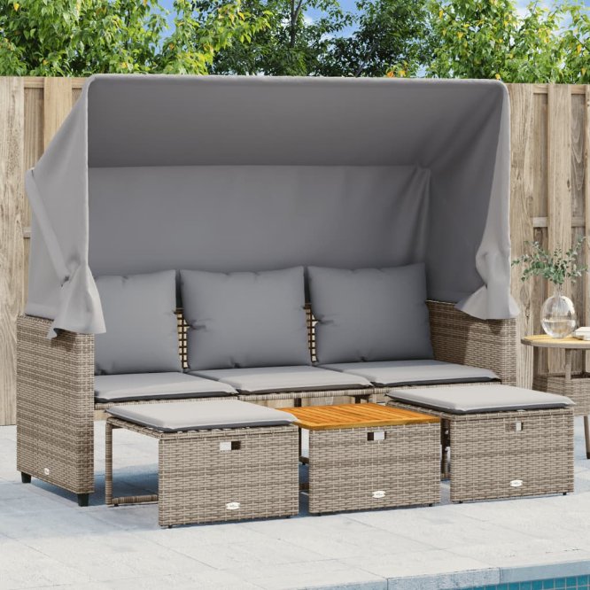 vidaXL Outdoor-Sofa 3-Sitzer mit Dach und Hockern Schwarz Poly-Rattan