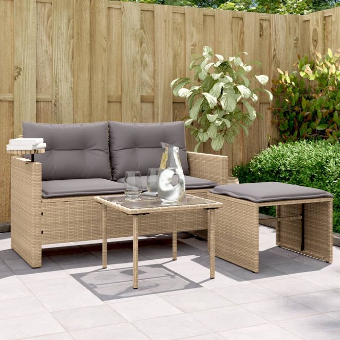 vidaXL 3-tlg. Garten-Sofagarnitur mit Kissen Schwarz Poly Rattan