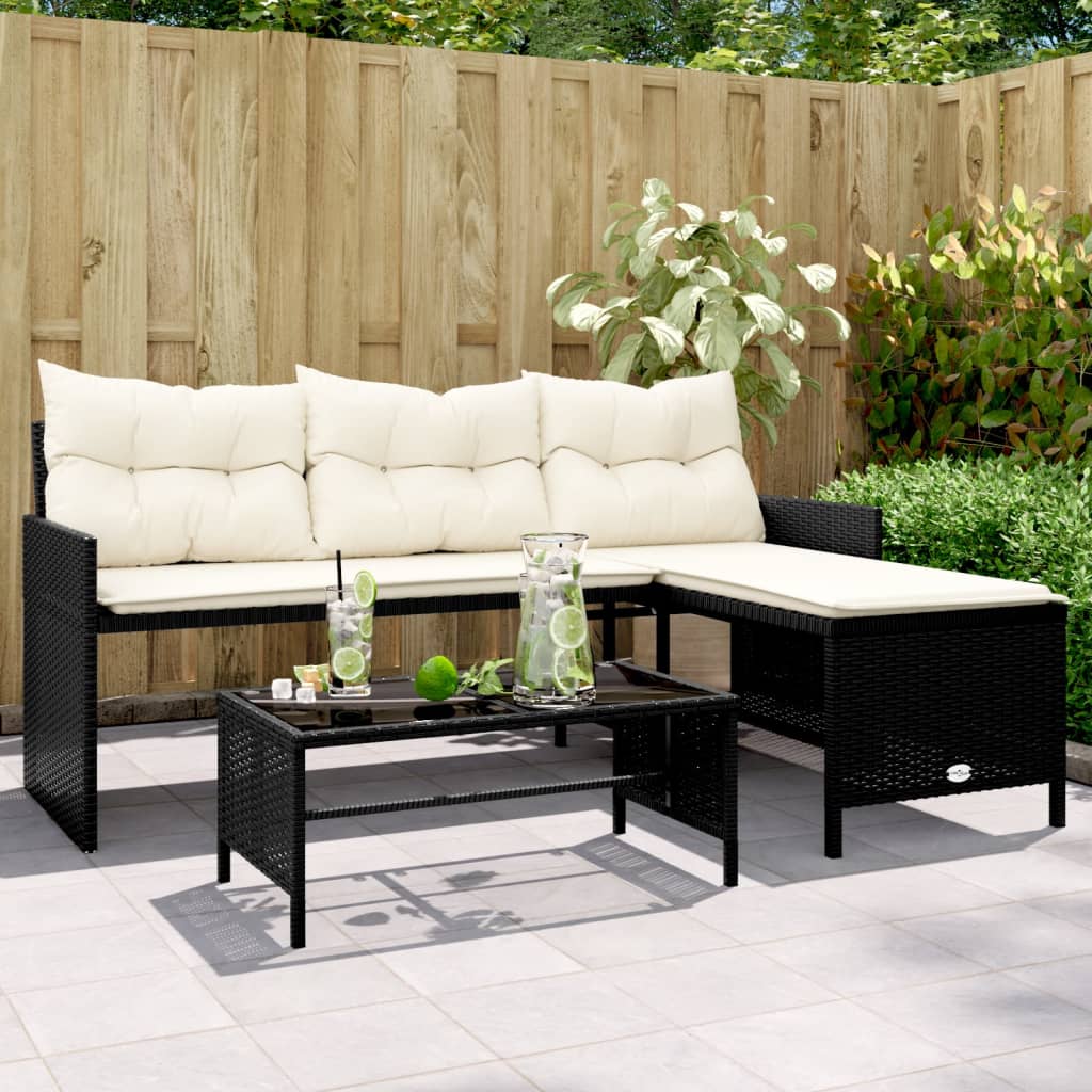 vidaXL Gartensofa in L-Form mit Tisch und Kissen Schwarz Poly Rattan