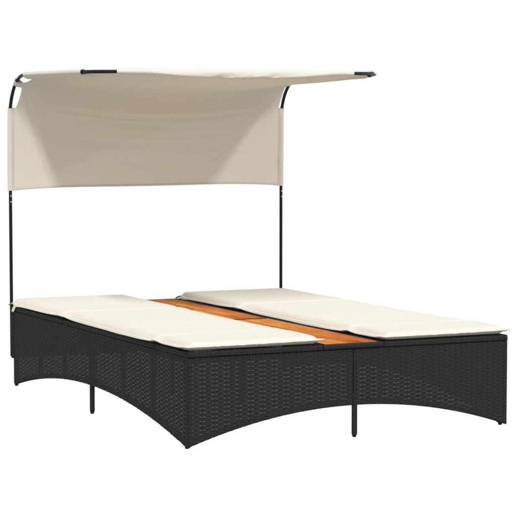 vidaXL Doppel-Sonnenliege mit Dach und Auflagen Schwarz Poly Rattan