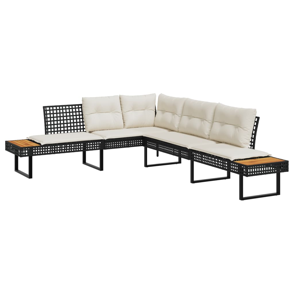 vidaXL Gartensofa in L-Form mit Kissen Schwarz Poly Rattan und Akazie