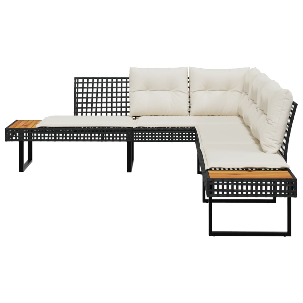 vidaXL Gartensofa in L-Form mit Kissen Schwarz Poly Rattan und Akazie