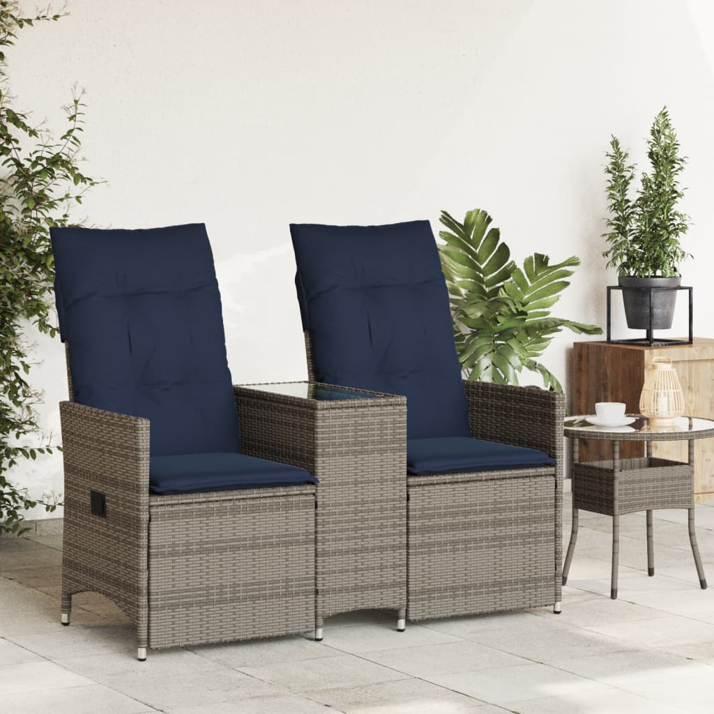 vidaXL Gartensofa Verstellbar 2-Sitzer mit Tisch Grau Poly Rattan