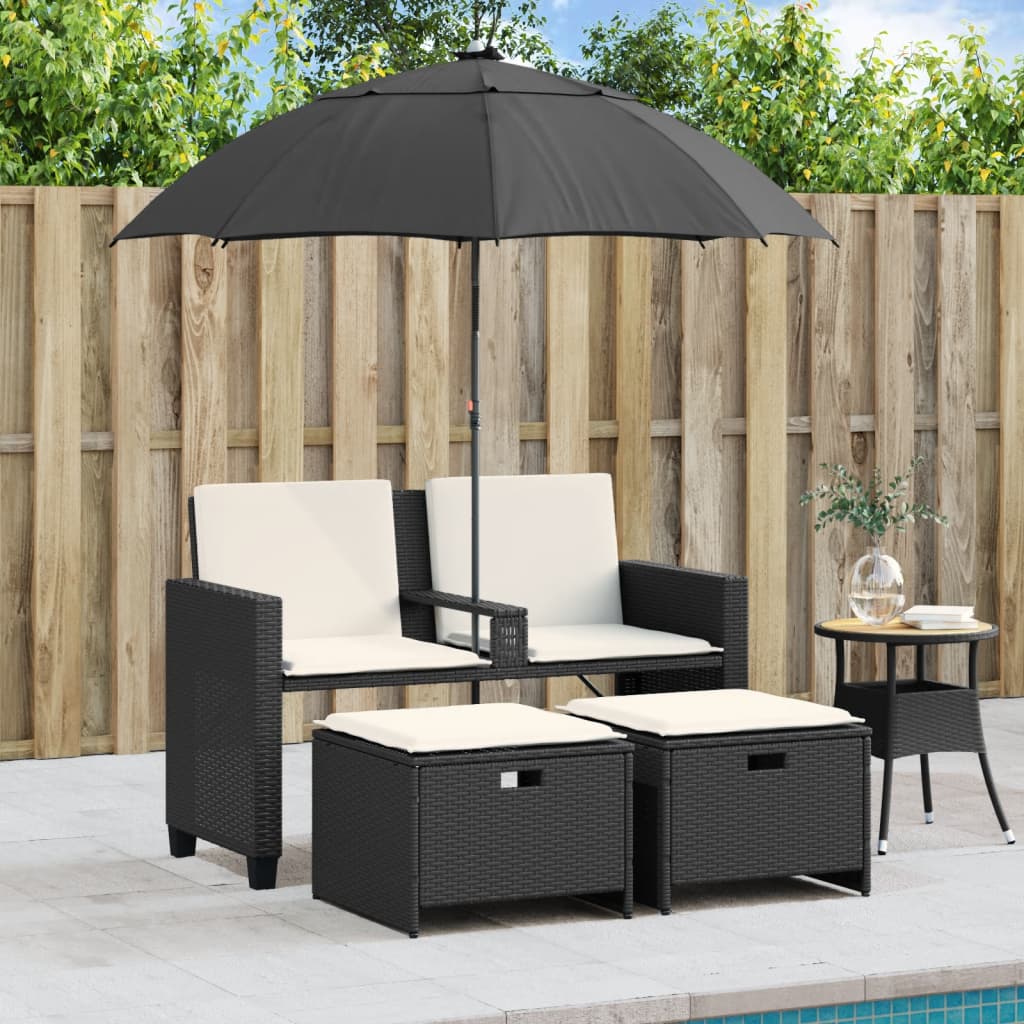 vidaXL Gartensofa 2-Sitzer Sonnenschirm und Hocker Schwarz Poly-Rattan