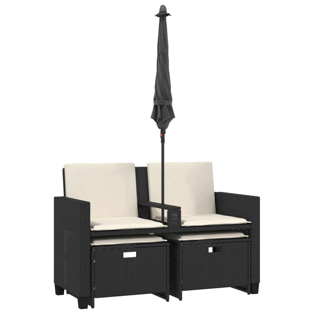 vidaXL Gartensofa 2-Sitzer Sonnenschirm und Hocker Schwarz Poly-Rattan