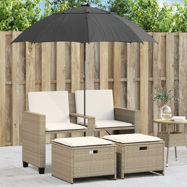 vidaXL Gartensofa 2-Sitzer Sonnenschirm und Hocker Schwarz Poly-Rattan