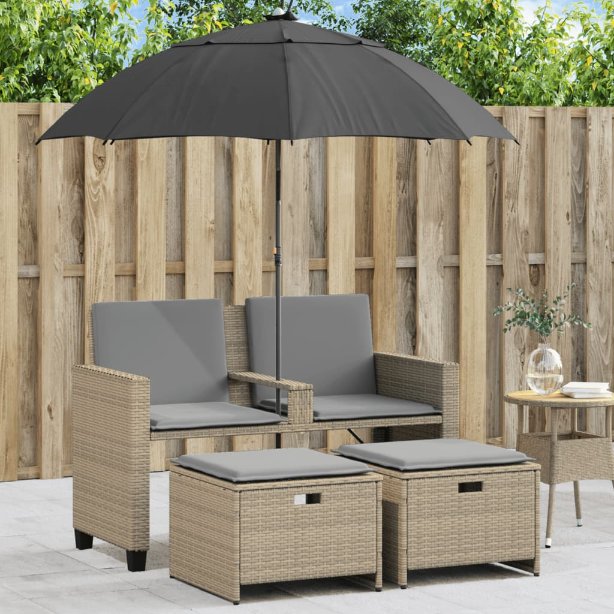 vidaXL Gartensofa 2-Sitzer Sonnenschirm und Hocker Schwarz Poly-Rattan