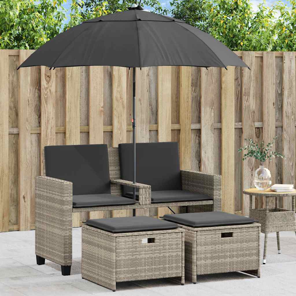 vidaXL Gartensofa 2-Sitzer Sonnenschirm und Hocker Schwarz Poly-Rattan
