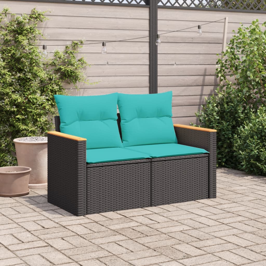 vidaXL Gartensofa mit Kissen 2-Sitzer Schwarz Poly Rattan