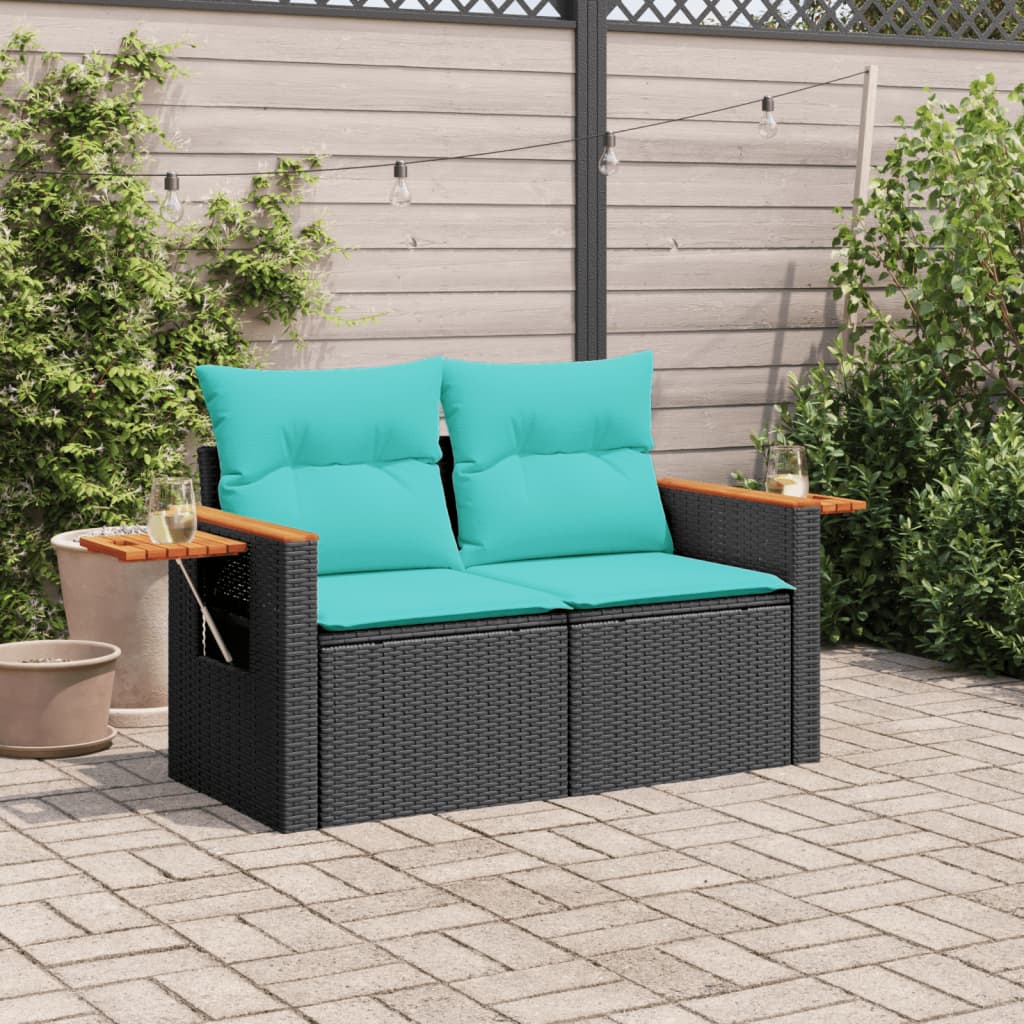 vidaXL Gartensofa mit Kissen 2-Sitzer Schwarz Poly Rattan