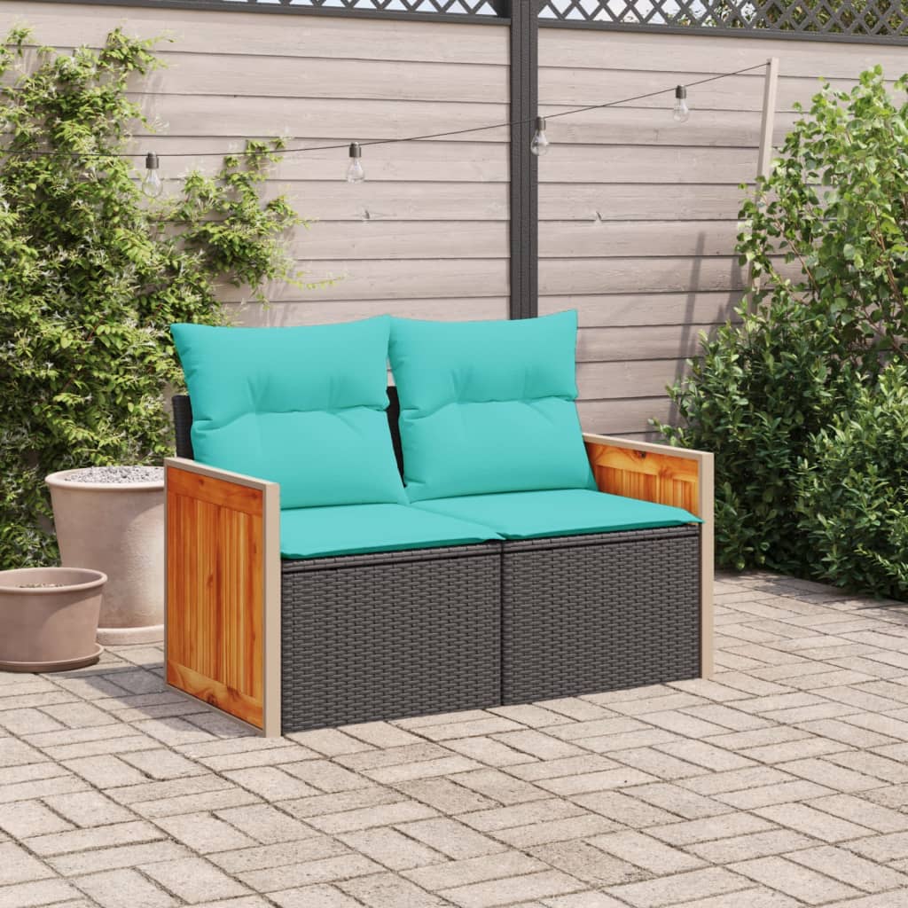 vidaXL Gartensofa mit Kissen 2-Sitzer Schwarz Poly Rattan