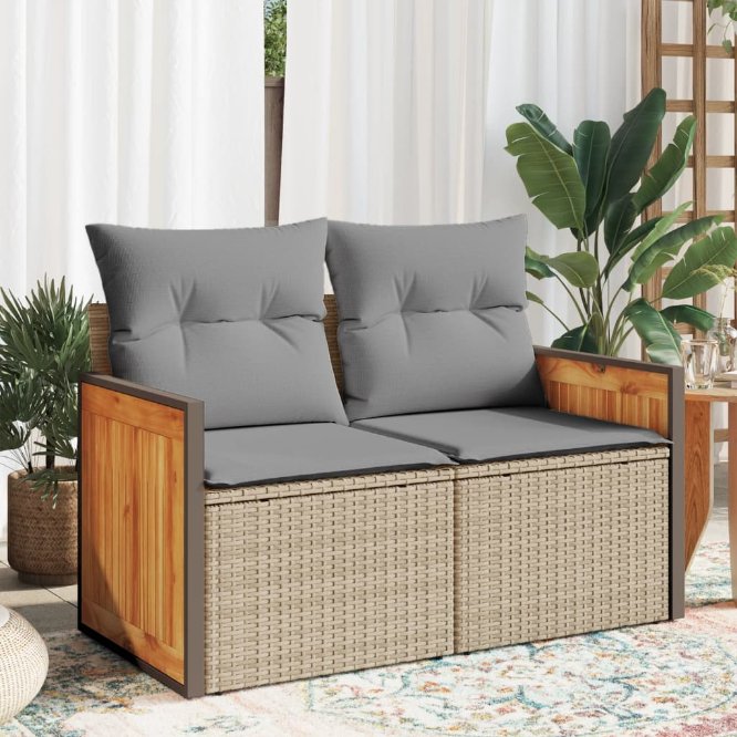 vidaXL Gartensofa mit Kissen 2-Sitzer Schwarz Poly Rattan