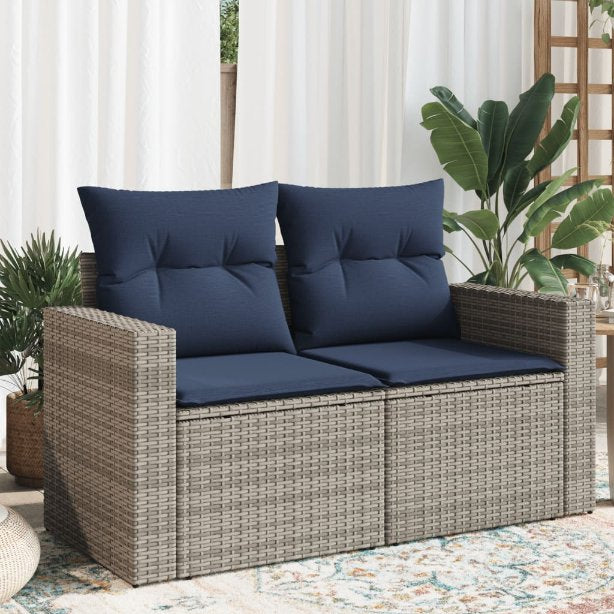 vidaXL Gartensofa 2-Sitzer mit Kissen Grau Poly Rattan