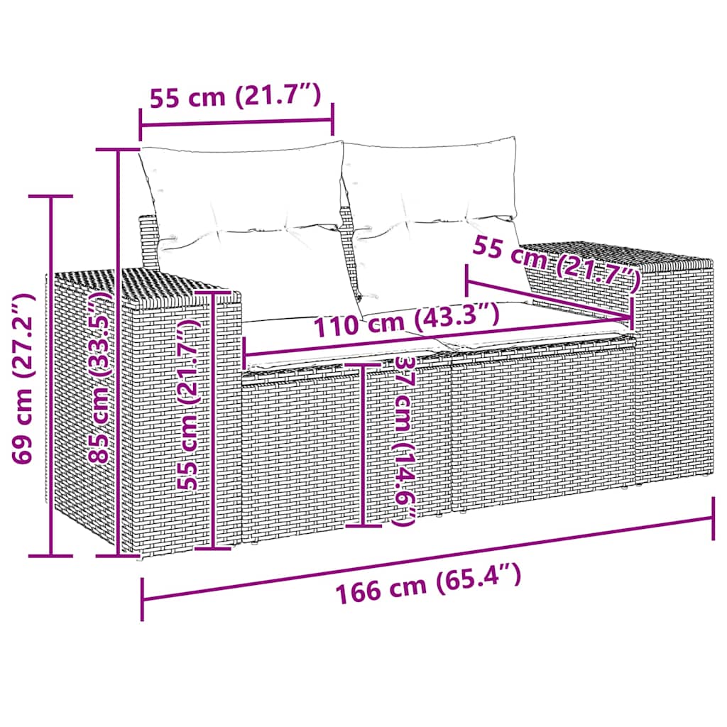 vidaXL Gartensofa 2-Sitzer mit Kissen Grau Poly Rattan