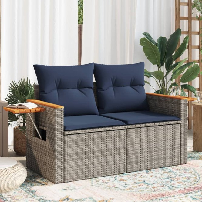 vidaXL Gartensofa mit Kissen 2-Sitzer Schwarz Poly Rattan