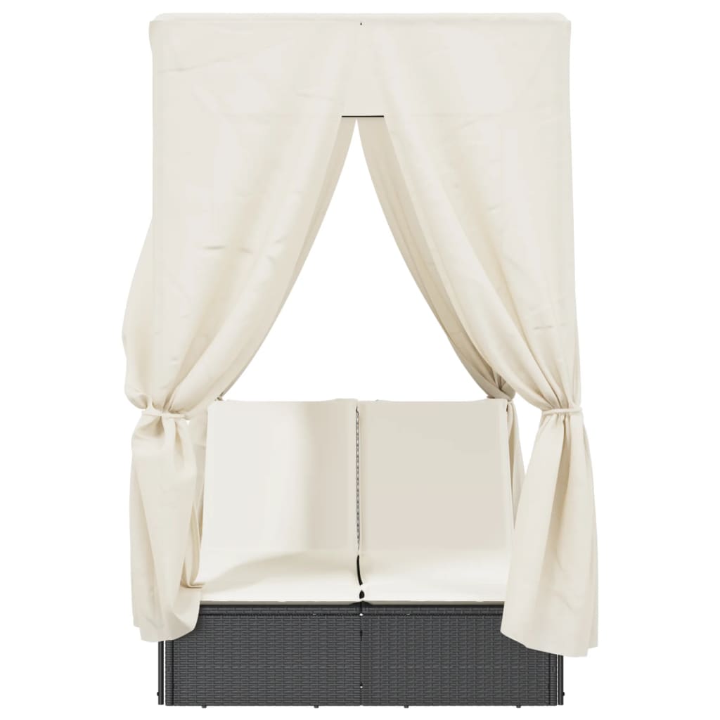 vidaXL Doppel-Sonnenliege mit Dach und Vorhängen Schwarz Poly-Rattan