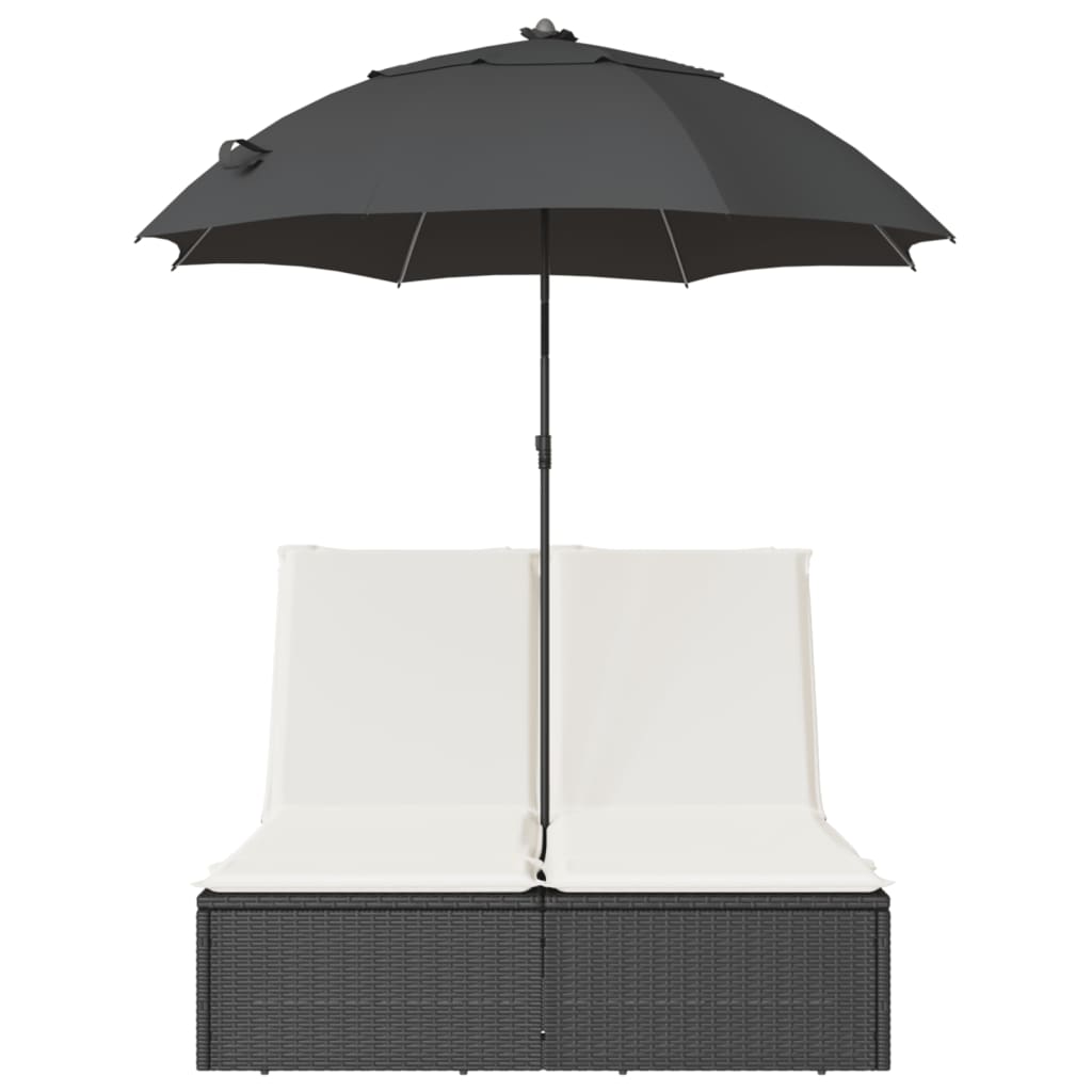 vidaXL Doppel-Sonnenliege mit Kissen&Sonnenschirm Schwarz Poly Rattan