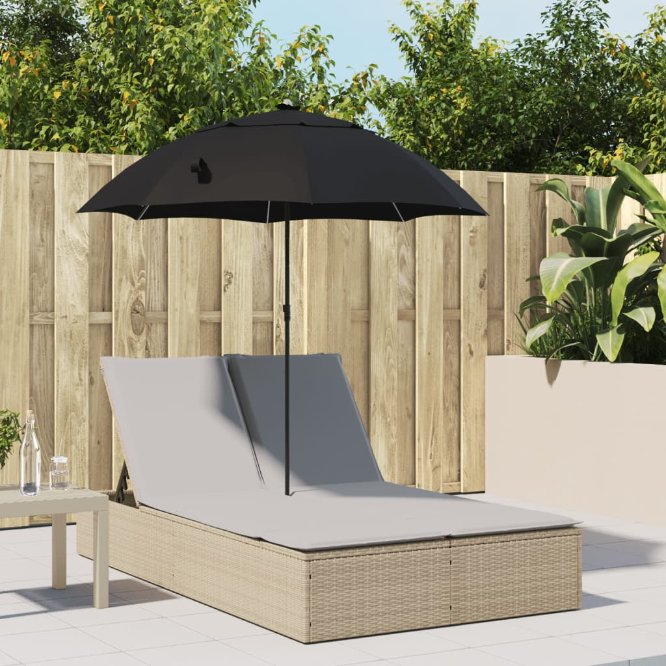vidaXL Doppel-Sonnenliege mit Kissen&Sonnenschirm Schwarz Poly Rattan