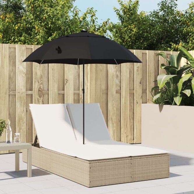 vidaXL Doppel-Sonnenliege mit Kissen&Sonnenschirm Schwarz Poly Rattan