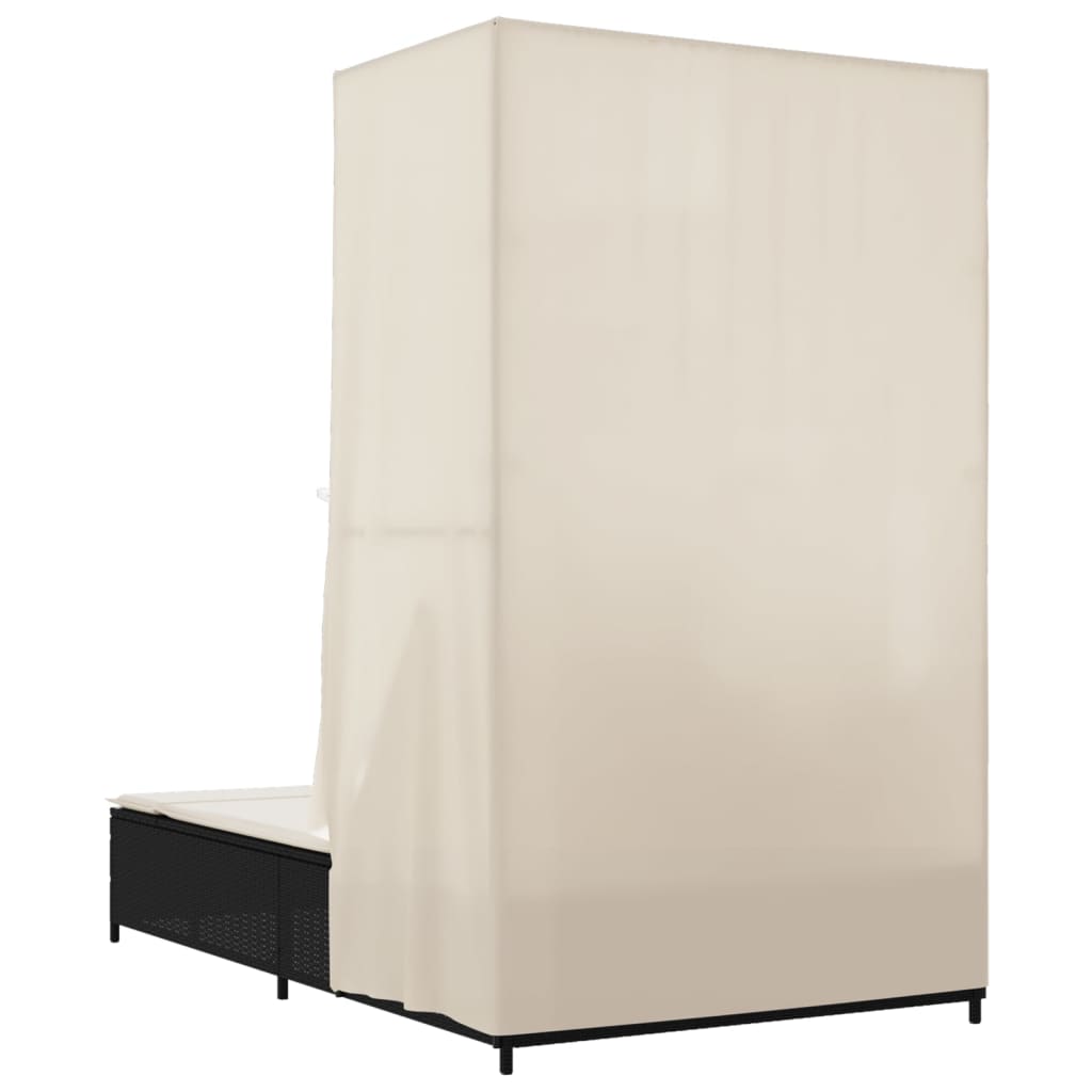 vidaXL Doppel-Sonnenliege mit Dach und Vorhängen Schwarz Poly-Rattan