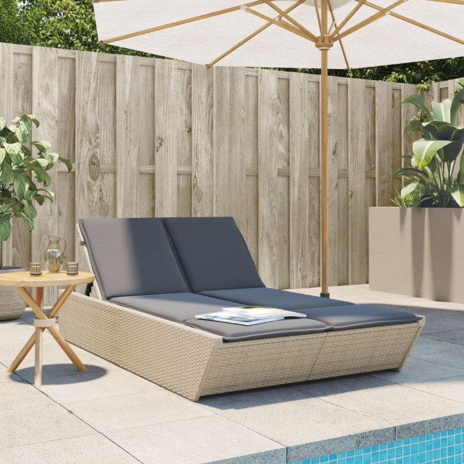 vidaXL Doppel-Sonnenliege mit Kissen Schwarz Poly Rattan