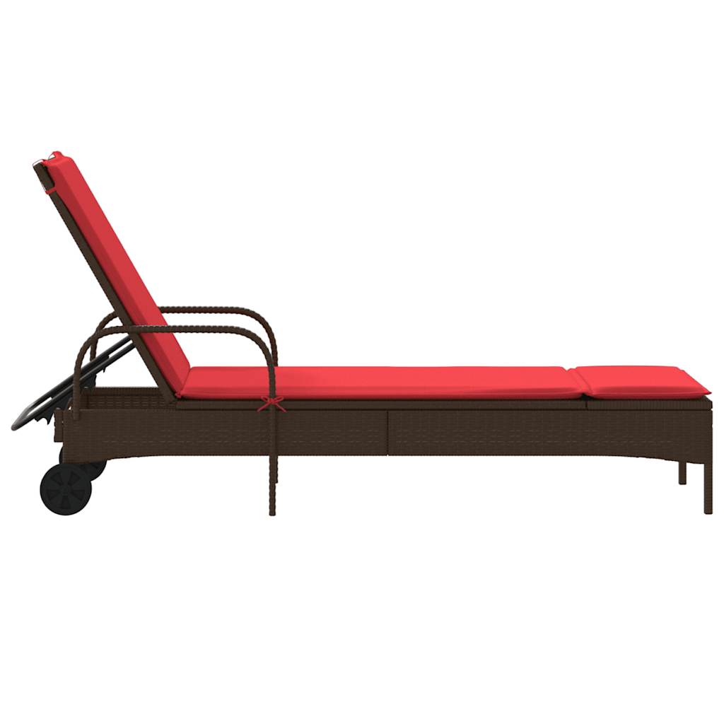 vidaXL Sonnenliege mit Rollen und Kissen Braun Poly Rattan