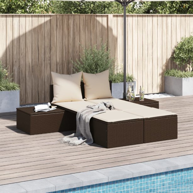 vidaXL Doppel-Sonnenliege mit Kissen Schwarz Poly Rattan
