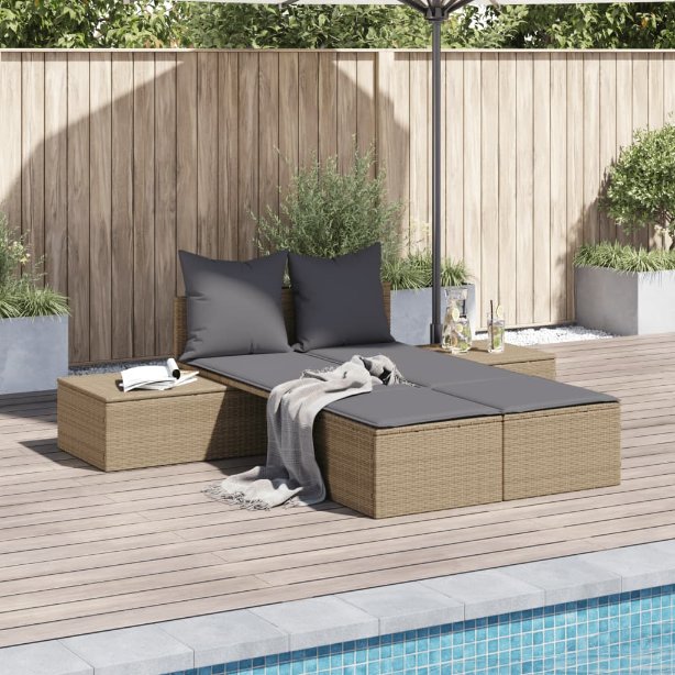 vidaXL Doppel-Sonnenliege mit Kissen Schwarz Poly Rattan