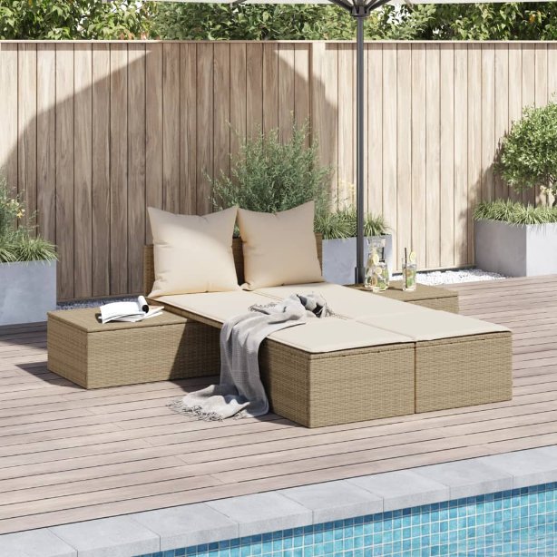 vidaXL Doppel-Sonnenliege mit Kissen Schwarz Poly Rattan