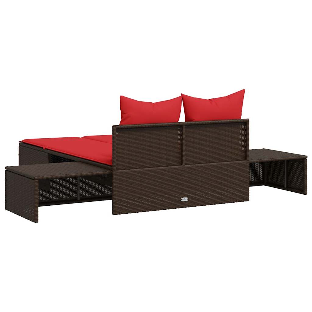vidaXL Doppelte Sonnenliege mit Kissen Braun Poly Rattan