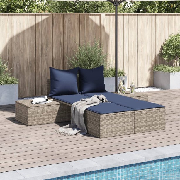 vidaXL Doppelte Sonnenliege mit Kissen Braun Poly Rattan