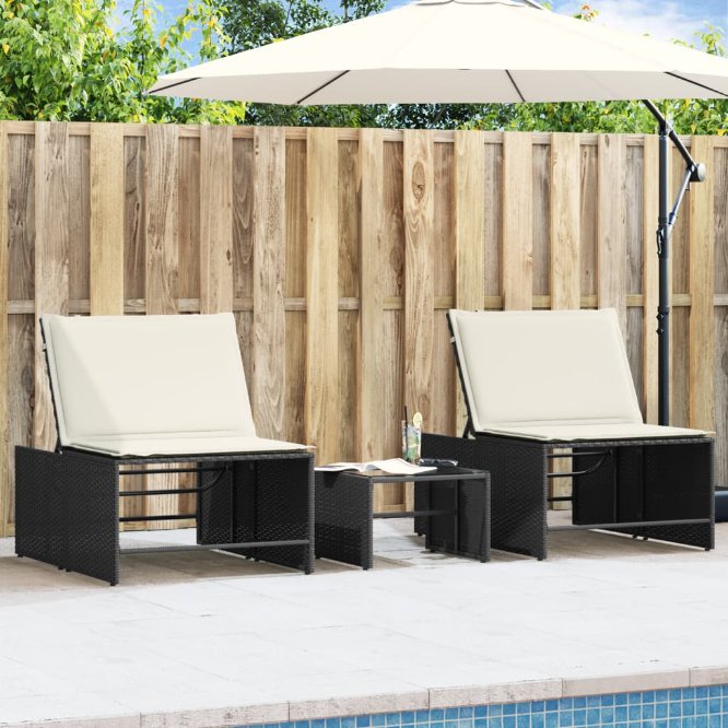 vidaXL Modulare Sonnenliegen 2 Stk. mit Tisch Schwarz Poly Rattan