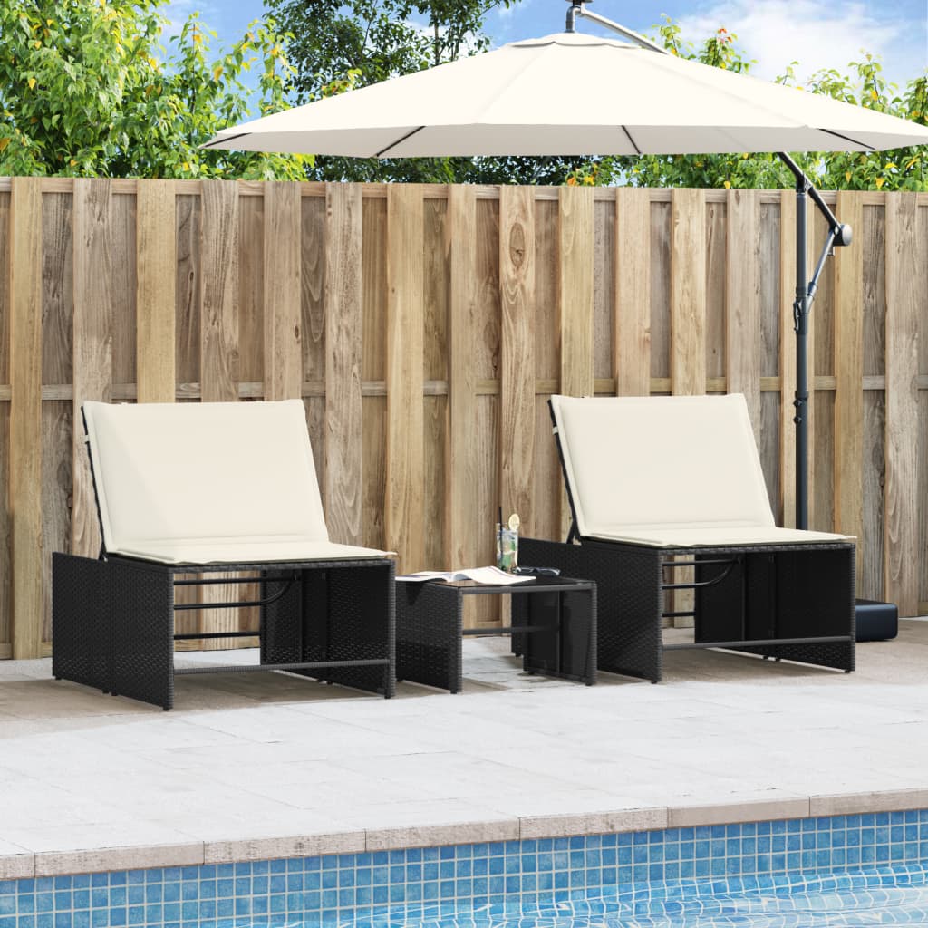 vidaXL Modulare Sonnenliegen 2 Stk. mit Tisch Schwarz Poly Rattan