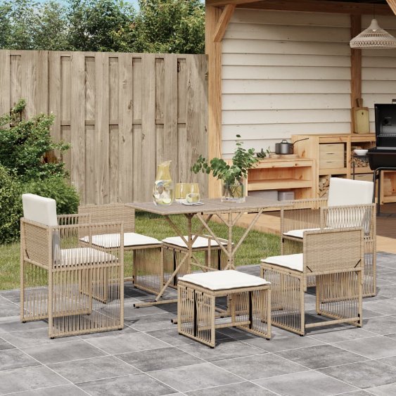 vidaXL 7-tlg. Garten-Essgruppe mit Kissen Schwarz Poly Rattan
