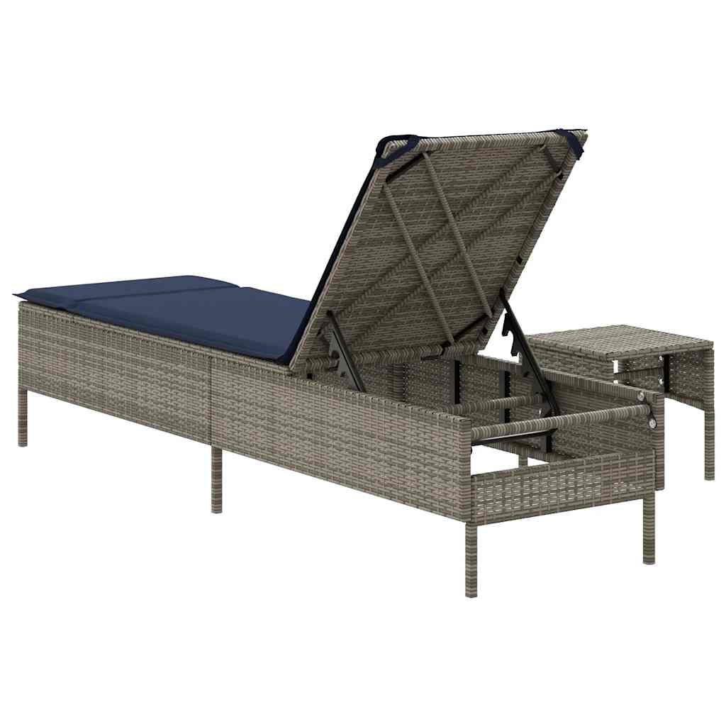 vidaXL Sonnenliege mit Tisch und Kissen Grau Poly Rattan