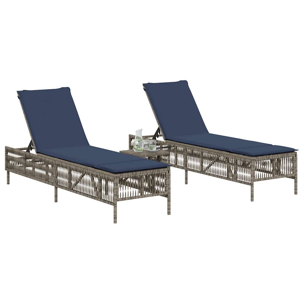 vidaXL Sonnenliegen 2 Stk. mit Tisch Grau Poly Rattan