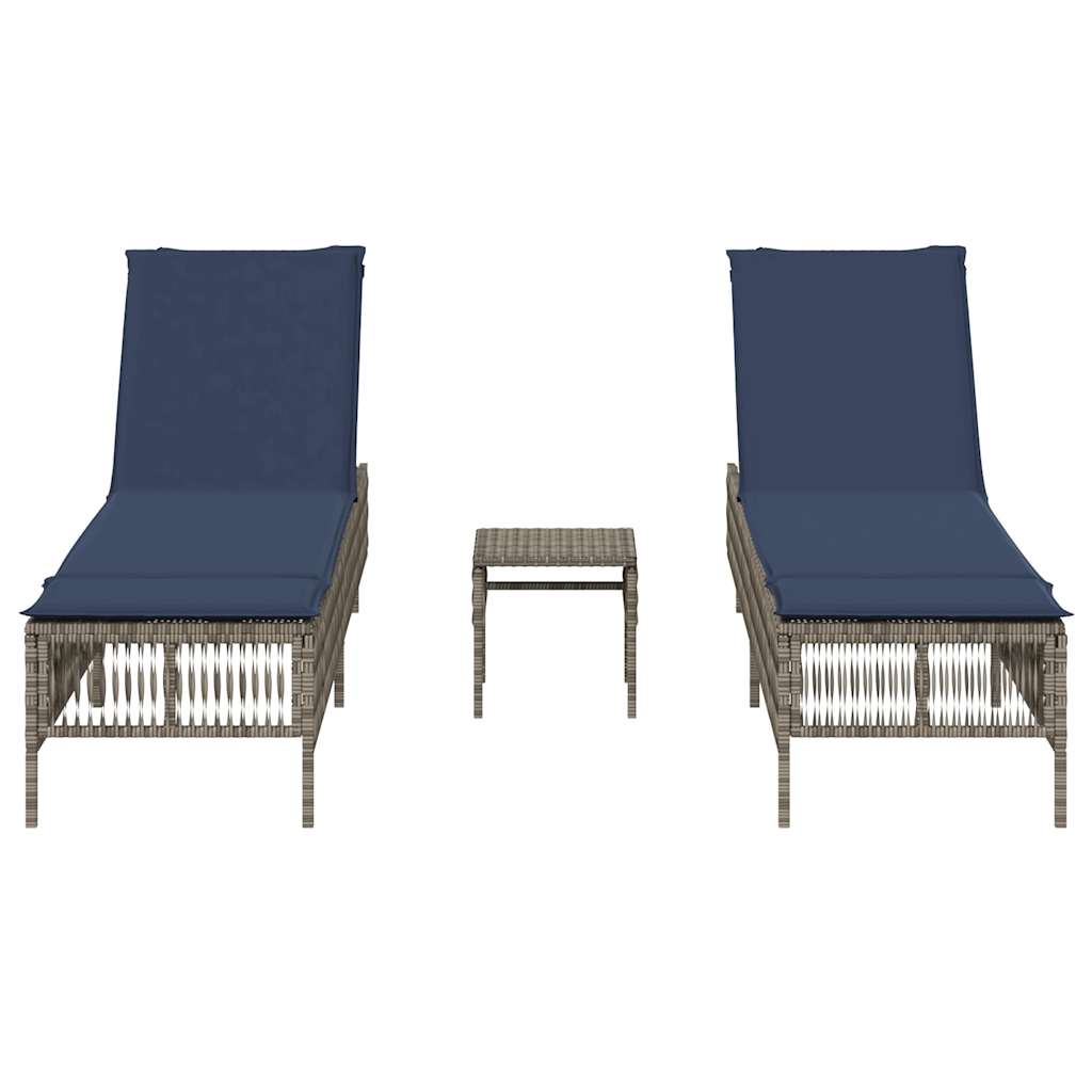 vidaXL Sonnenliegen 2 Stk. mit Tisch Grau Poly Rattan