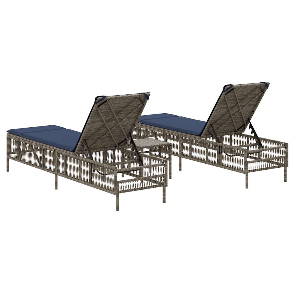 vidaXL Sonnenliegen 2 Stk. mit Tisch Grau Poly Rattan