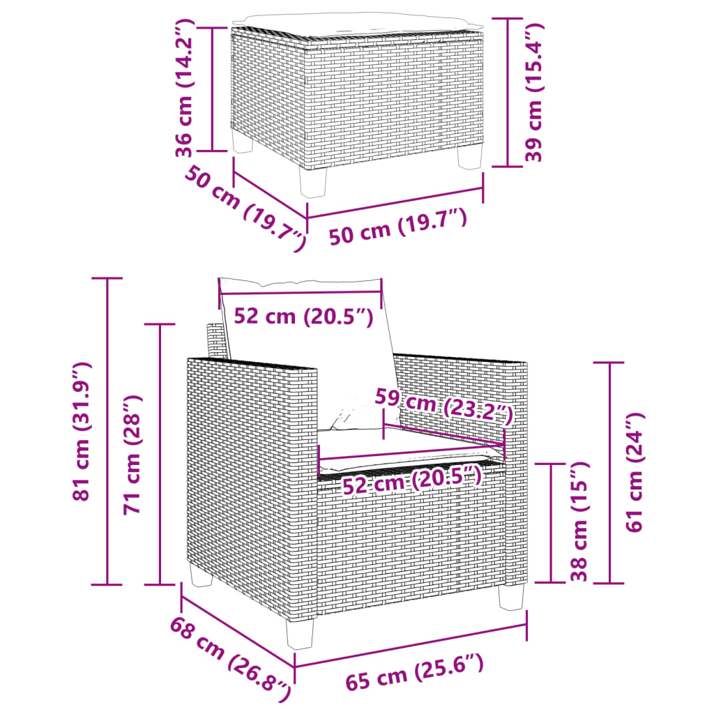 vidaXL 3-tlg. Bistro-Set mit Kissen Schwarz Poly Rattan