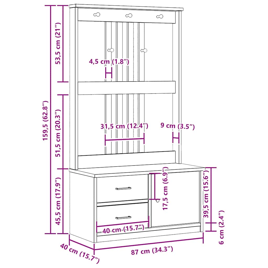vidaXL Garderobenständer SANDNES 87x40x159,5cm Massivholz Kiefer