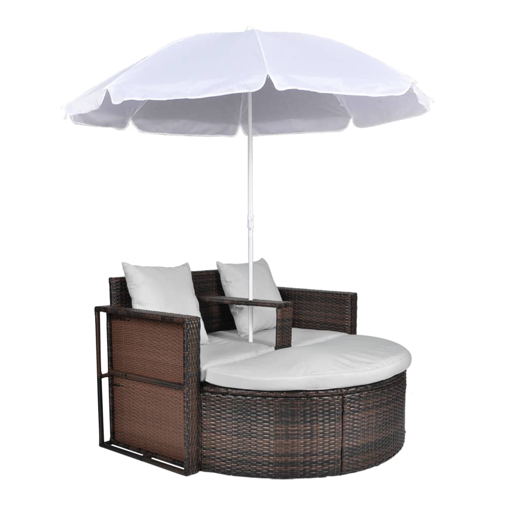 vidaXL Gartenbett mit Sonnenschirm Braun Poly Rattan