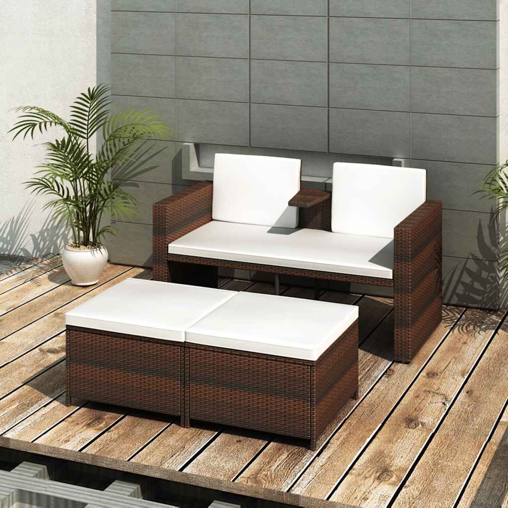 3-tlg. Garten-Lounge-Set mit Auflagen Poly Rattan Grau