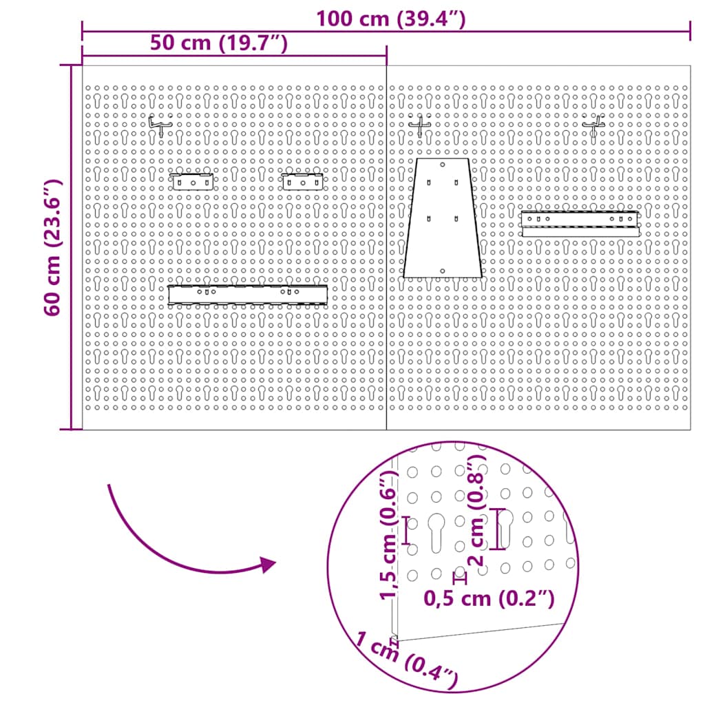 vidaXL Werkzeugwandpaneel 2 pcs Grau 100 x 1 x 60 cm